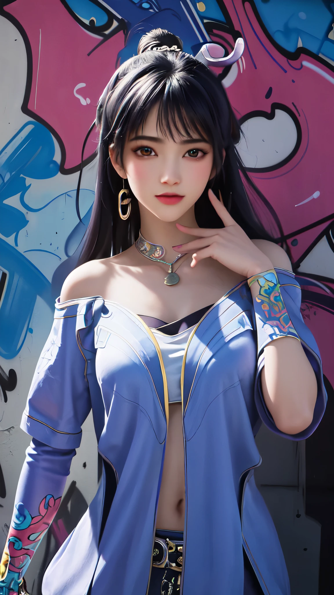 (best quality), masterpiece, Extremely detailed CG8K illustration, High Color, Extremely High Color saturation, All colors are deepened, , Graffiti Art, Central Composition, Extremely detailed lighting, Graffiti Wall, Walls painted bright colors, 1 girl graffiti 1 girl looking at the wall, The face and eyes are very detailed, Medium Length Hair, Sportswear, Colorful Clouds