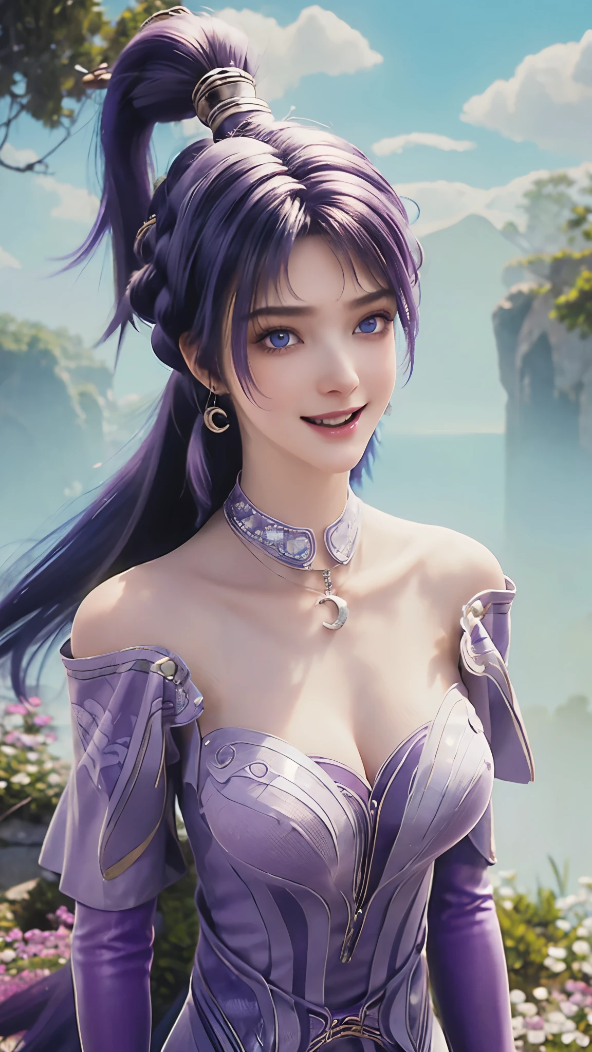 Light blue transparent dress，Blue-purple hair，curls，Ponytail，Not bad，Perfect hairstyle，Purple headdress，Blue Eyes，Purple Eyes，Blue pupils，Delicate and detailed eyes，Bright Eyes，huge ，open mouth，teeth，Smile