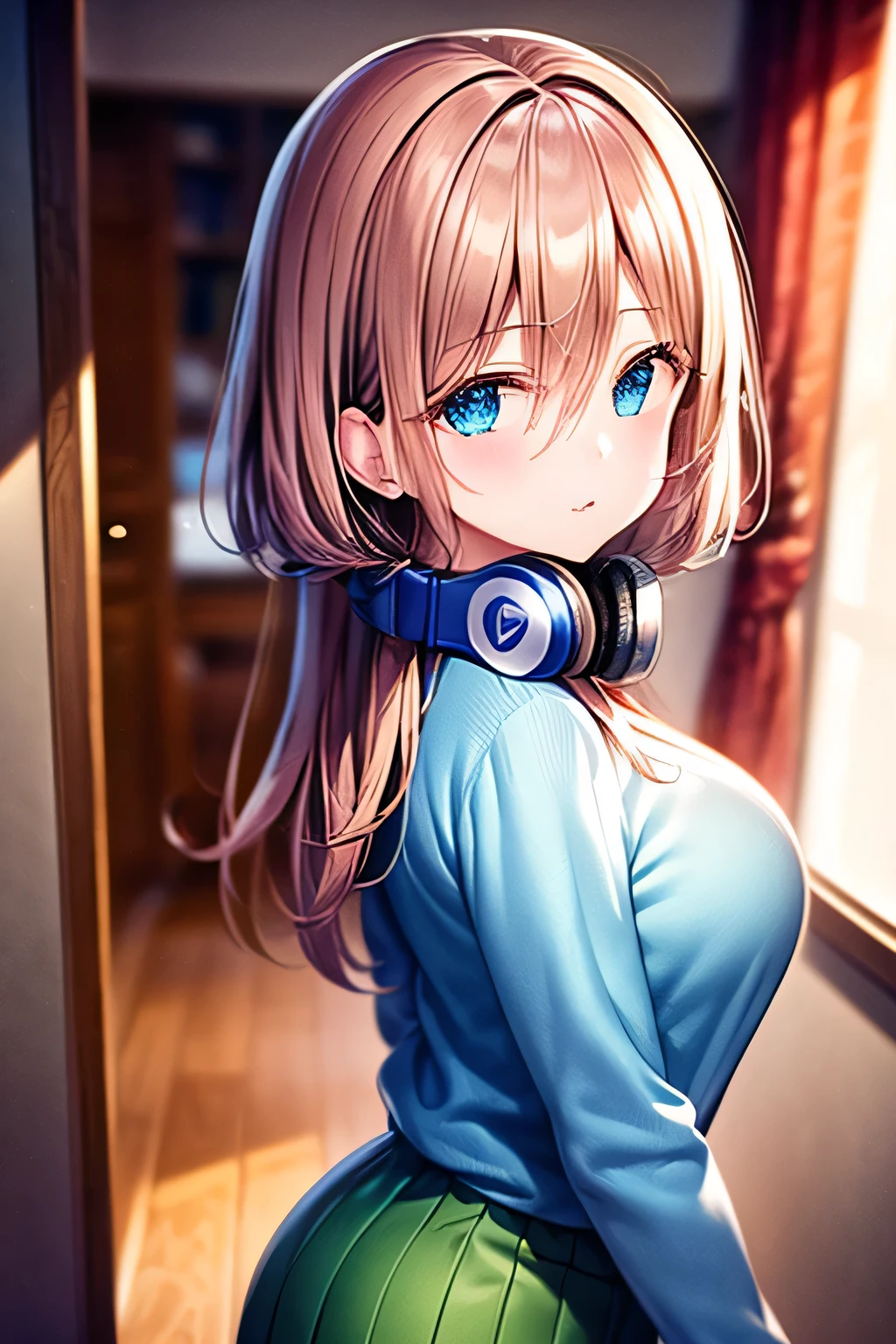 (masterpiece:1.2), best quality, high resolution, unity 8k wallpaper, (illustration:0.8), (beautiful detailed face:1.2, beautiful detailed eyes:1.2), perfect lighting, extremely detailed CG, (perfect hands, perfect anatomy), 

Cute, beautiful, charming lady, shiny hair, lustrous skin, beautiful light big eyes, 
milf, married woman, soft With a gentle appearance and a gentle mother-like atmosphere,
Feminine style, beautiful kubire, beautiful, naughty face,

miku_a, long hair, brown hair, blue eyes, hair between eyes, large breasts, headphones, headphones around neck, , long sleeves, blue cardigan, shirt, white shirt, green skirt, pantyhose, black pantyhose, dark brown loafers, 