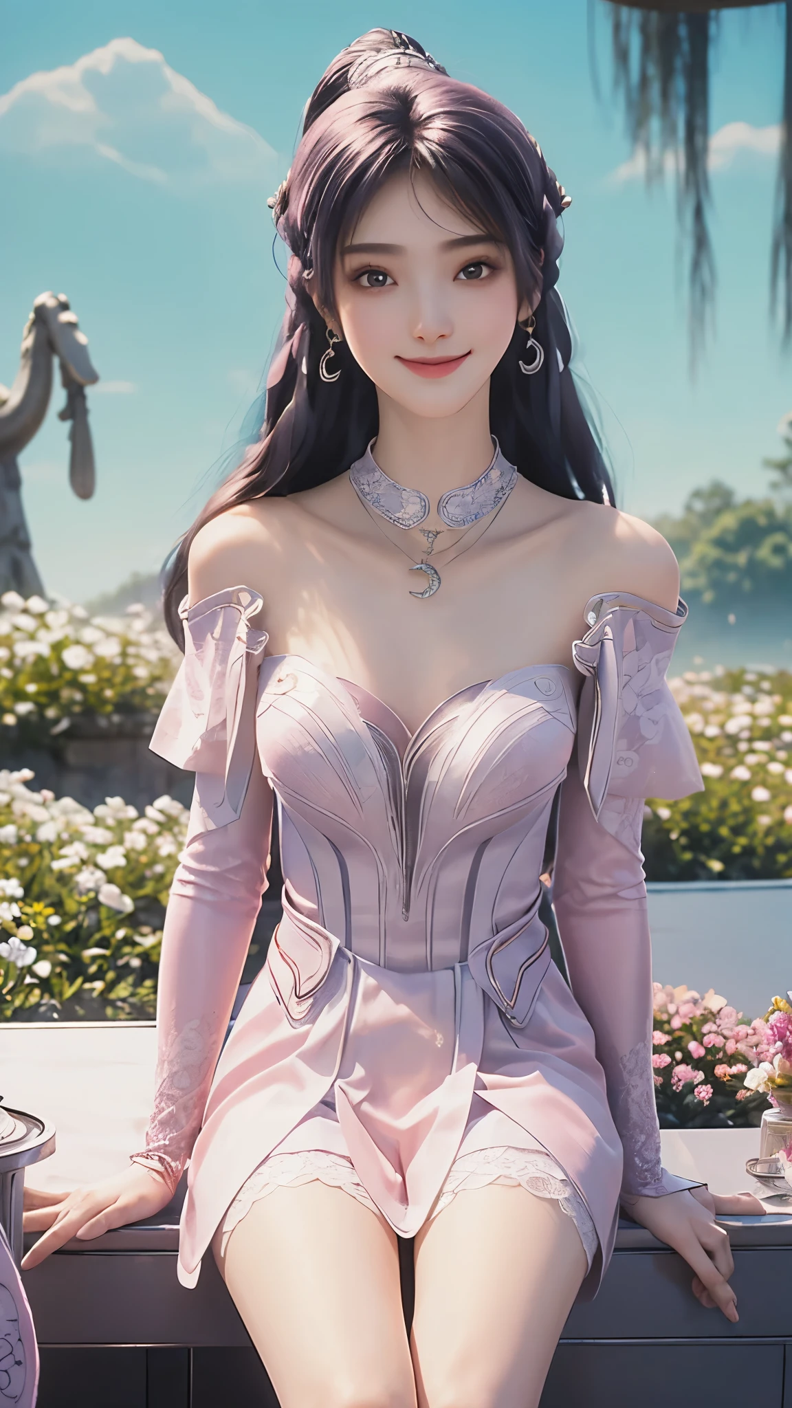 Dynamic Angle,((1 Girl, Elegant pink dressing table, Maximum resolution)), (Nice illustration),(Beautiful silver semi-long hair),(Looking at the audience),Innocent smile,Movie Lighting,White knee socks,Lace Chalk, Wristband, Diamond necklace,Wristband, White fingerless gloves, earrings,sky,蓝sky,Beautiful flower park