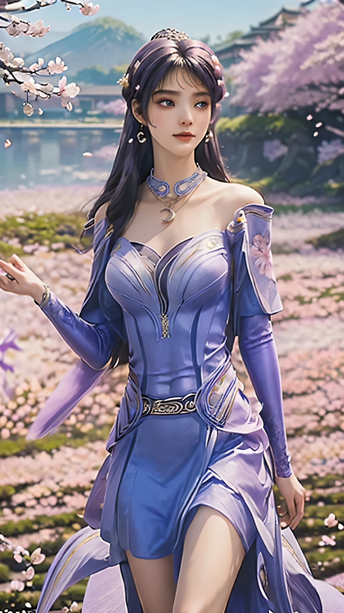 4K, Ultra HD, masterpiece, 1 girl, (good face:1.4), Delicate eyes, Very long hair, Princess dress, (Blue-purple dress:1.5), ((navel)), (Wearing Jewelry:1.5), (Cherry blossoms:1.5), (bloom effect:1.5), Detailed fantasy art, Stunning character art, Beautiful and exquisite character art, fair, Extremely detailed, Intricate headpieces and jewellery, Perfect body, Look directly at the audience,