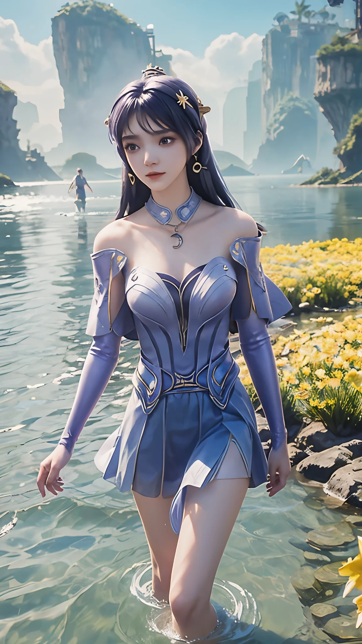 Arapei in a skirt standing in the water, Anime girl walking on water, closeup fantasy with water magic, Azure Lane style, Popular on cgstation, Anime Girl Cosplay, Seraphina Ali KDA, Ink art animation , Popular on cgstation内容, realistic water, Water daffodil, WLOP 和 Sakimichan