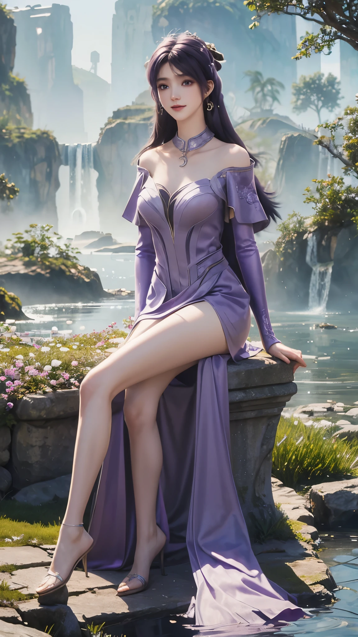 Ultra HD, 8K picture quality, A girl, Happy, Very long hair, Purple Fuzzy Dress, Delicate eyes, Sitting, Unreal Engine 5,Water element background，Fantasy Background