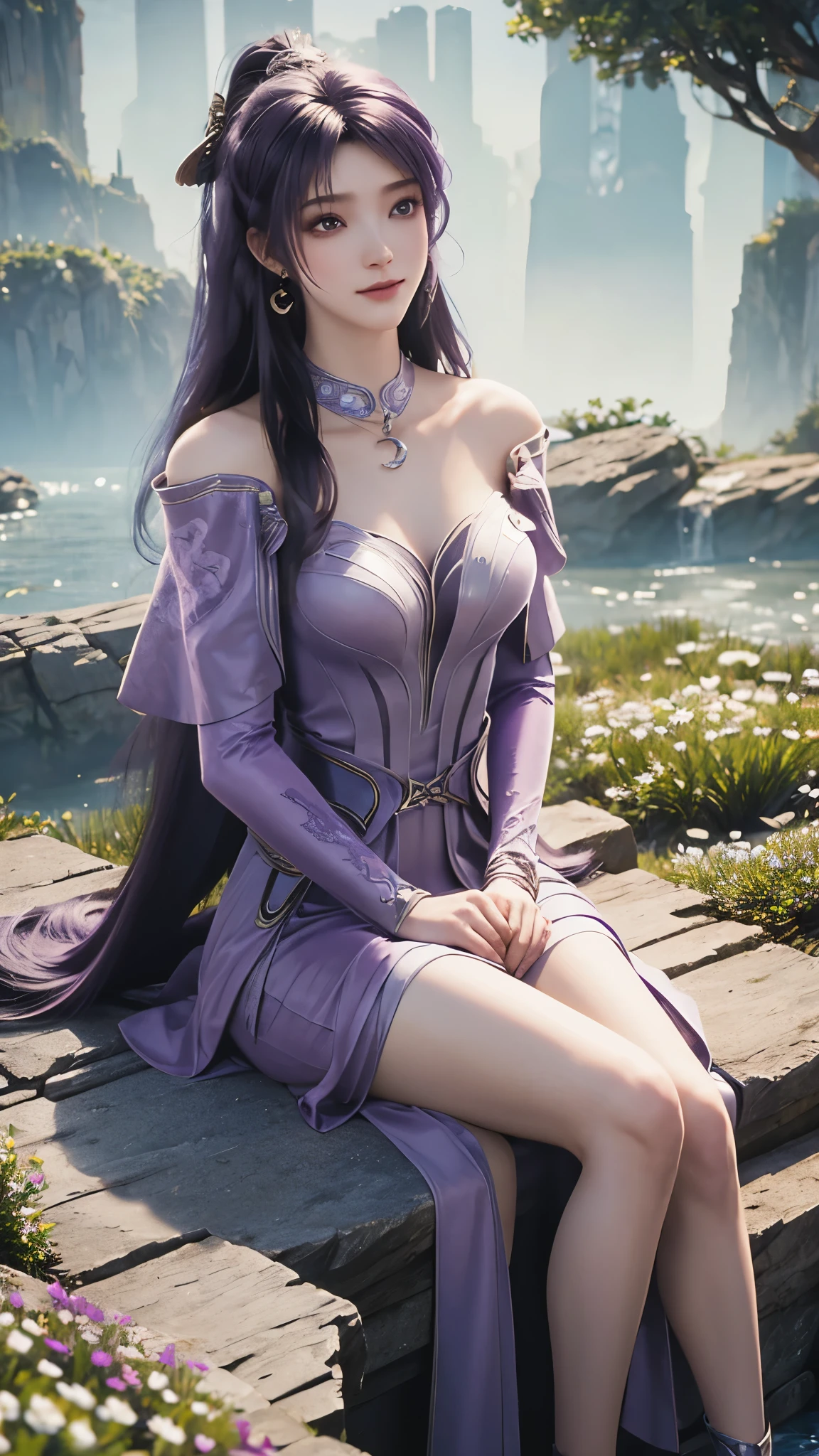 Ultra HD, 8K picture quality, A girl, Happy, Very long hair, Purple Fuzzy Dress, Delicate eyes, Sitting, Unreal Engine 5,Water element background，Fantasy Background