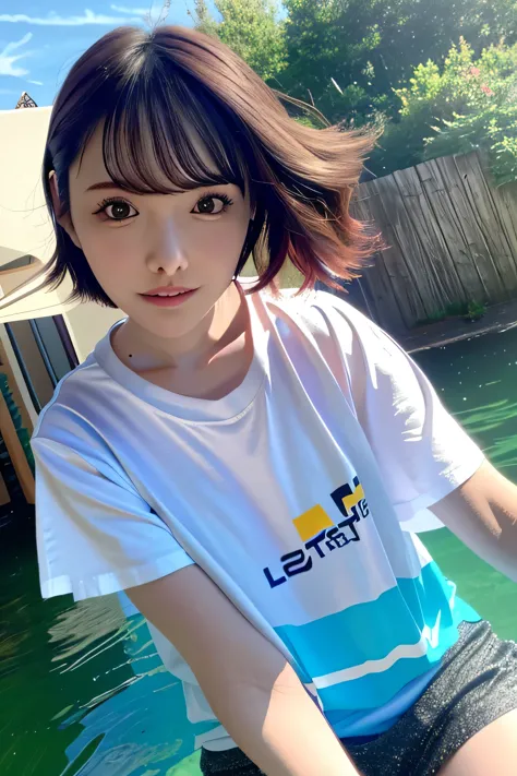 8k, highest quality, Ultra-realistic,(Realistic:1.37),High resolution,One girl, (T-Shirts:1.5),(Floating Hair:1.3), (Skin dents)...