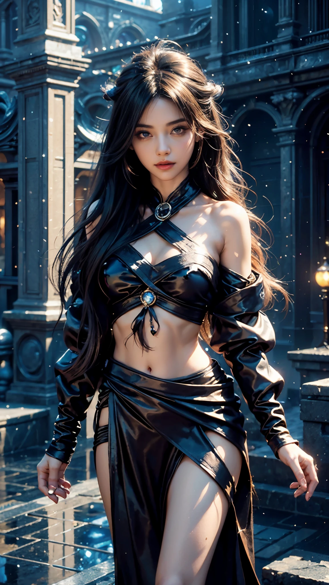 4k, UHD, masterpiece, 1 girl, good face, ((detailed eyes)), very long hair, impressive hairstyle, perfect brasts, ((fantasy cosplay)), black cosplay, (bare waist:1.4), night city, building, lamps, depth of field, reflection light, sparkle, chromatic aberration,