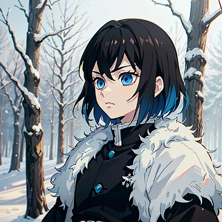 and souls, (Best quality), ((1 guy)) , The boy stands still (Young and young), (snowy forest with sunrise), (((very short hair))), (((black hair))), (((without bangs))), ((cool blue eyes)), general, Open black coat ((Black with snowflakes.)), ((Waist hem)), Demon Slayer Art, Demon Slayer art style, Kimetsu no Yaiba, ((Close-up)), ((portrait))