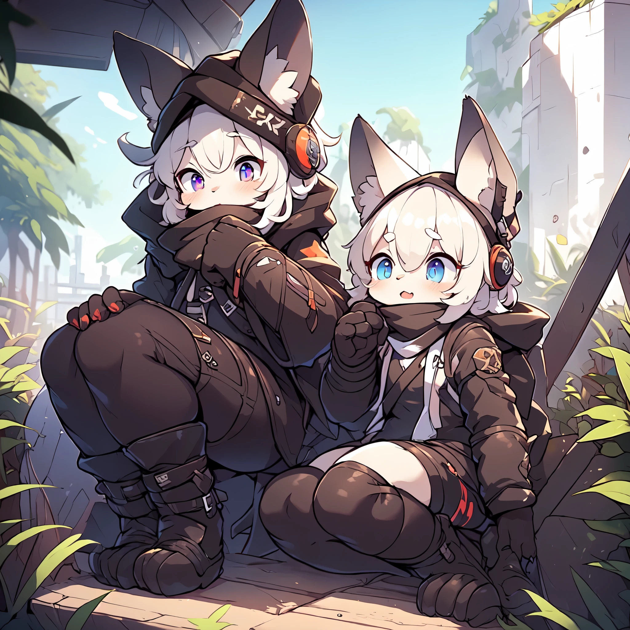 Kawaii, Striped Fluffy Fox, emaciated, long hair, 3girls, artificial synthetic skin, life support prosthetics, digital headphones, black tight latex bodysuit, white long dress, thigh-high-socks, shorts, loose off-the-shoulder hood open jacket, holsters in thigh, Mechanical boots, tactical knee pads, tactical belted loose Arm Sleeves, cybernetic Display gloves, chest rigs, tactical belts, blue archive halo, bulletproof goggles on forehead, from Ark nights, ray tracing, depth of field, bloom, masterpiece, ccurate, high details, highres