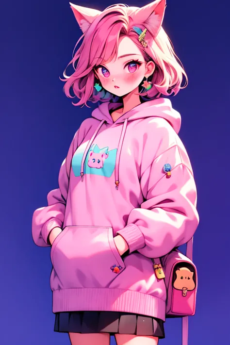 Very beautiful and 輝く目、Rainbow Eyes、1 girl、Big Mouth、high school girl、Small breasts、Cat ear、Pink Short Hair、Oversized hoodie，