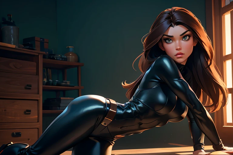 Masterpiece, raw, beautiful art, professional artist, 8k, very detailed face, very detailed hair, 1girl, Kim Possible, wearing black spy catsuit and spy gadget belt, no labels, no branding, cameltoe, on a mission, sneaking around Drakken's lab, perfectly drawn body, beautiful face, long hair, very detailed eyes, rosey cheeks, intricate details in eyes, puckered lips, perfect fit body, beautiful body, extremely detailed, intricate details, highly detailed, sharp focus, detailed skin, realistic skin texture, texture, detailed eyes, high resolution, kodak vision color, foto_\(ultra\), post-processing, maximum detail, roughness, real life, ultra realistic, photorealism, photography, absurdres, RAW photo, highest quality, high detail RAW color photo, professional photo, extremely detailed UHD 8k wallpaper unit, best quality, highres, (masterpiece, top quality, high resolution:1.4), photo, cinematic, film grain, sharp, soft natural light, magic photography, super detailed