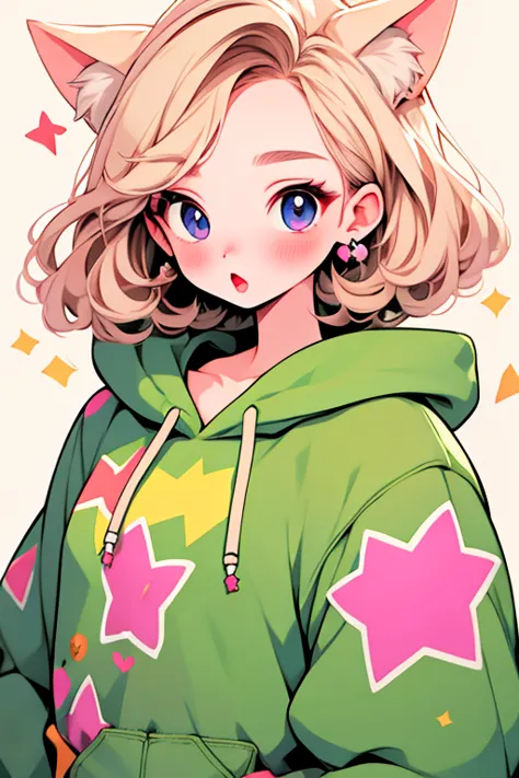Very beautiful and 輝く目、Rainbow Eyes、1 girl、Big Mouth、high school girl、Small breasts、Cat ear、Pink Short Hair、Oversized hoodie，