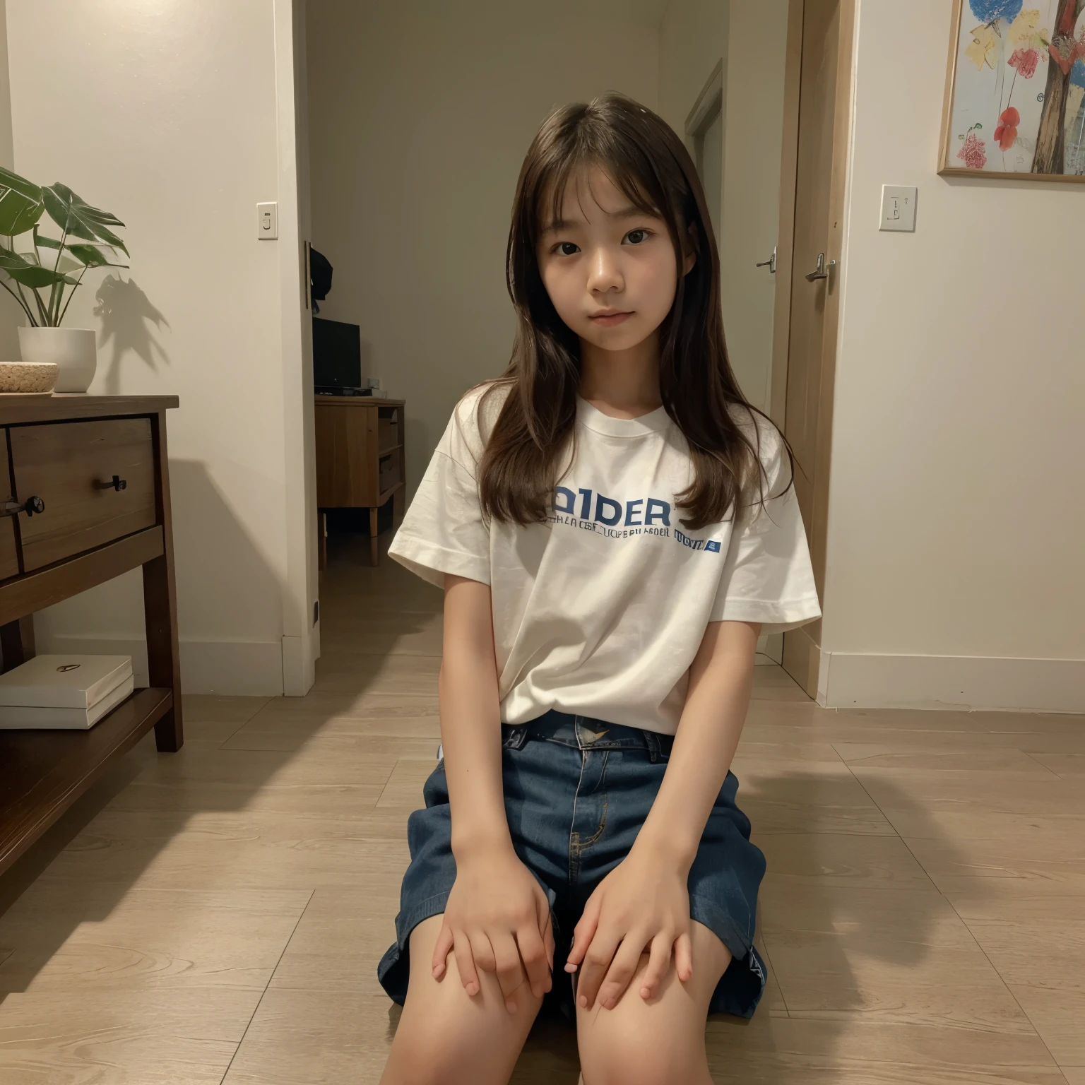 Arafed girl sitting on the floor in a white shirt and blue shorts - SeaArt  AI