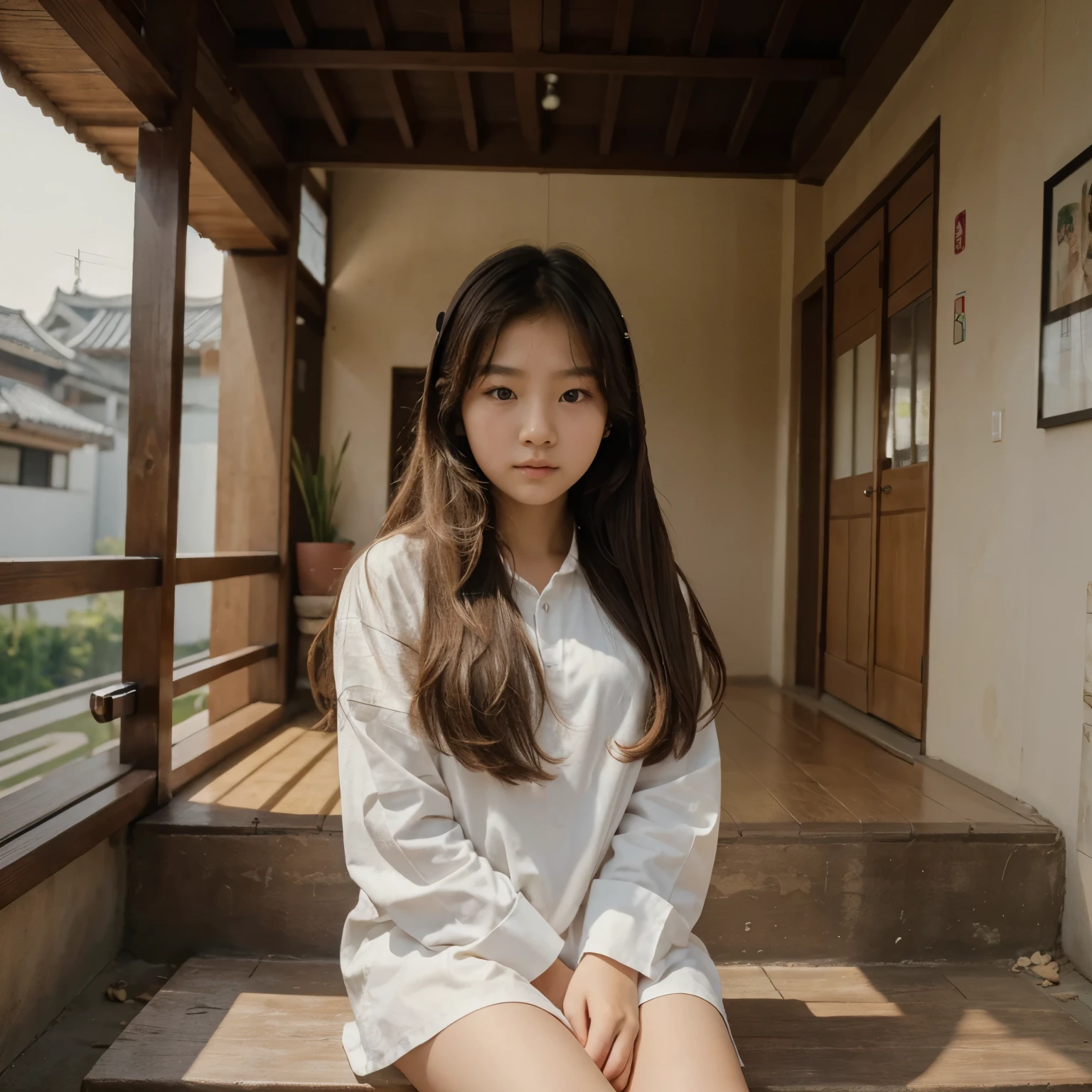 Arafed asian woman sitting on a porch with a white shirt - SeaArt AI