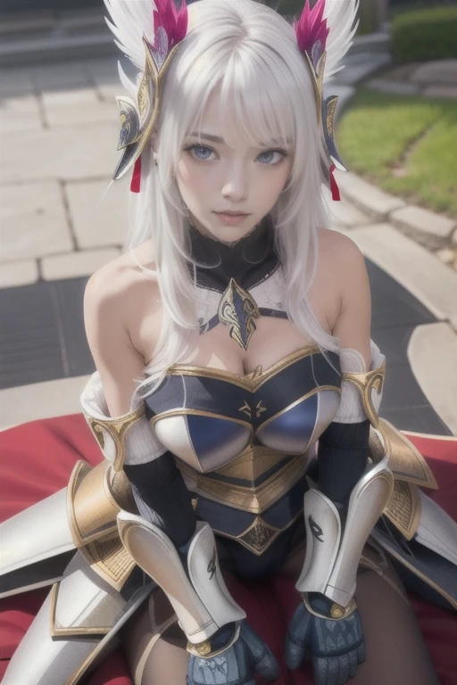 Best quality, masterpiece, detailed,
Rossweiss, Rossweisse 1 girl, closed mouth, slight smile,
White hair, green eyes, sea green eyes, long hair, hair ornament,
(armor, mittens, bare shoulders:1.3),
I look at the viewer,
on open air