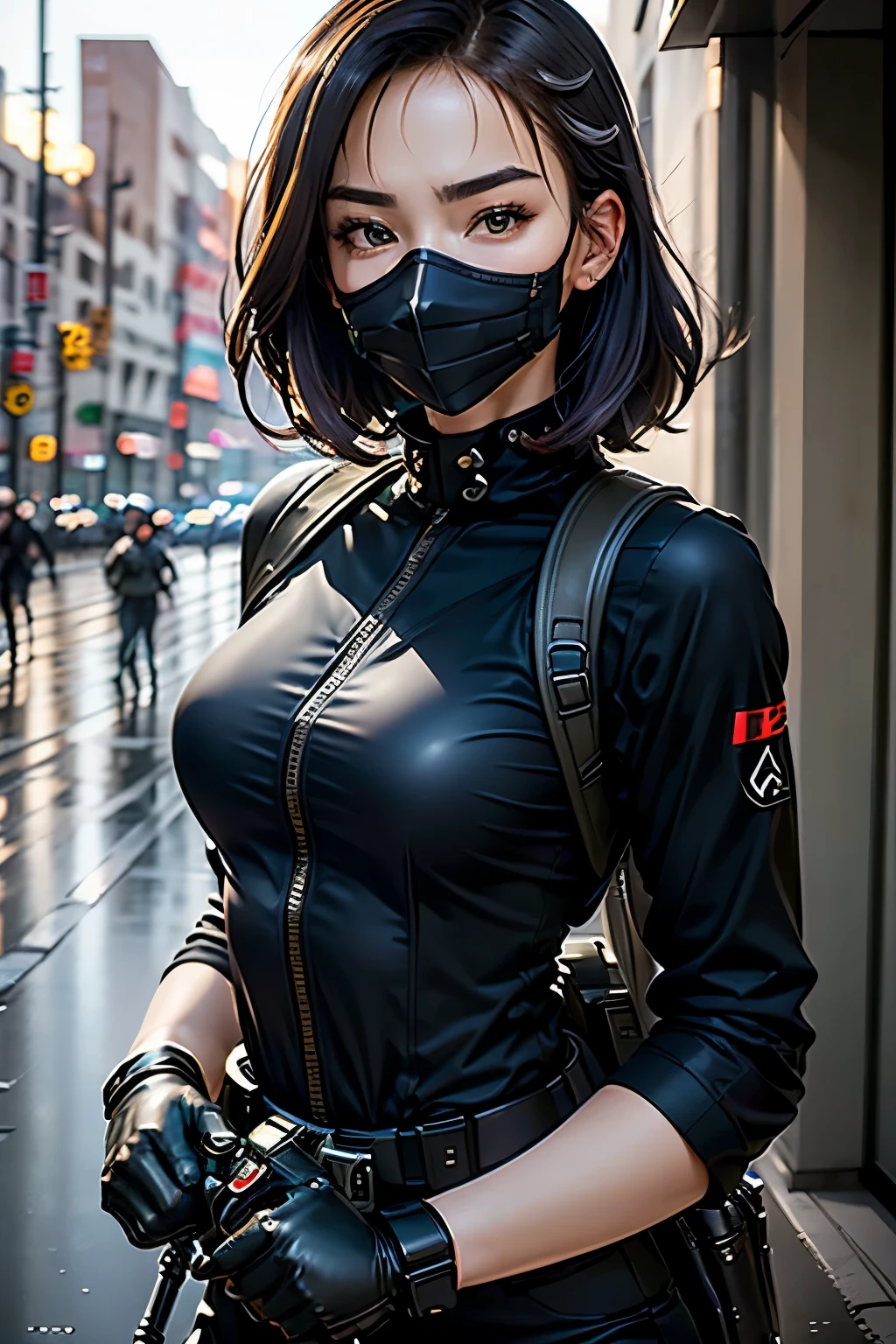 Highest image quality, outstanding details, ultra-high resolution, (realism: 1.4), ((close up:0.75, from front)), Photorealistic, highly condensed 1 lady, full body, aiming with a rifle, Combat pose, (Detailed face), looking at the camera, (wearing nylon rash-guard as police uniform, gloves, black and gray mecha, wearing futuristic-gasmask, military harness, holding a machinegun, carrying hich-tech-backpack), background grey, Fingers are occluded