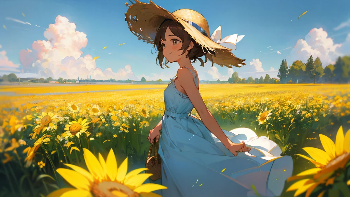 Masterpiece-grade CG, Maximum image quality and detail, Photo-level realism (1.4). (One Girl), Wearing a white dress, slightly exposed shoulders, Delicate and radiant skin, smile, in the garden, Surrounded by yellow daisies, I raised my head a little and looked up at the bright sky., The paintings employ an artistic impasto style., Softer brightness, 4K HD wallpapers, Better volumetric cloud effect. Wearing a straw hat