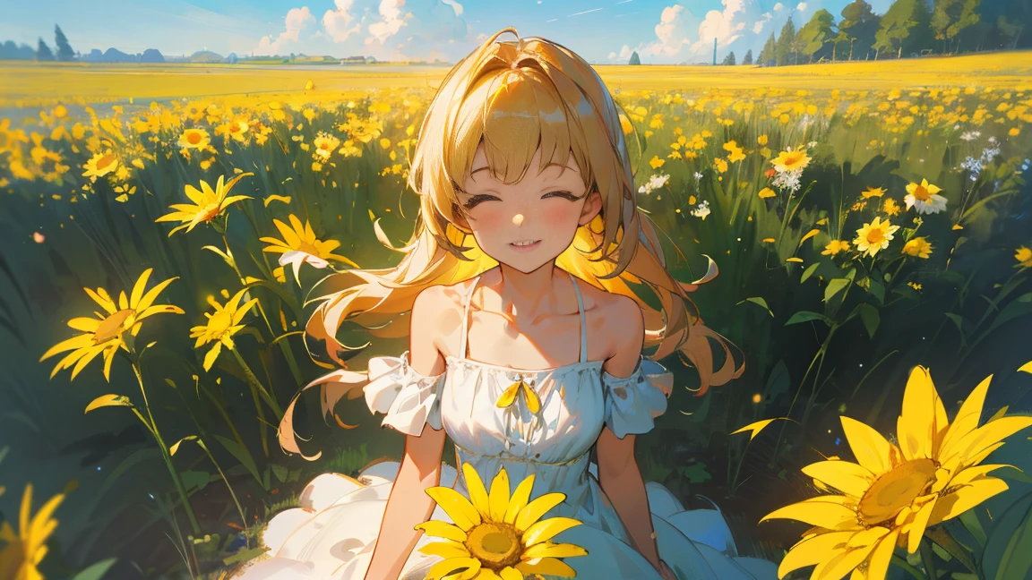 Masterpiece-grade CG, Maximum image quality and detail, Photo-level realism (1.4). (One Girl), Wearing a white dress, slightly exposed shoulders, Delicate and radiant skin, smile, in the garden, Surrounded by yellow daisies, I raised my head a little and looked up at the bright sky., The paintings employ an artistic impasto style., Softer brightness, 4K HD wallpapers, Better volumetric cloud effect.