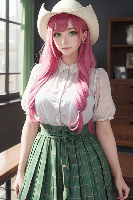 lala devilluke, lala deviluke, long hair, pink hair, tail, (green eyes:1.5), smile, BREAK casual wear, translucent blouse, ruffled skirt, big breasts, BREAK looking at viewer, (cowboy shot:1.5), BREAK (masterpiece:1.2), best quality, high resolution, unity 8k wallpaper, (illustration:0.8), (beautiful detailed eyes:1.6), extremely detailed face, perfect lighting, extremely detailed CG, (perfect hands, perfect anatomy)