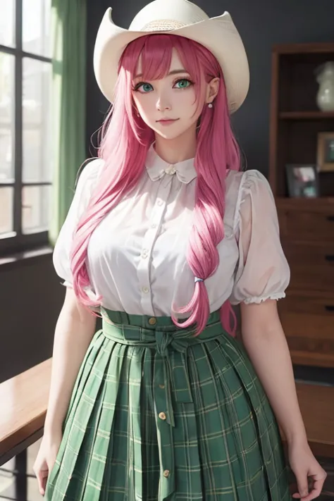 lala devilluke, lala deviluke, long hair, pink hair, tail, (green eyes:1.5), smile, BREAK casual wear, translucent blouse, ruffl...