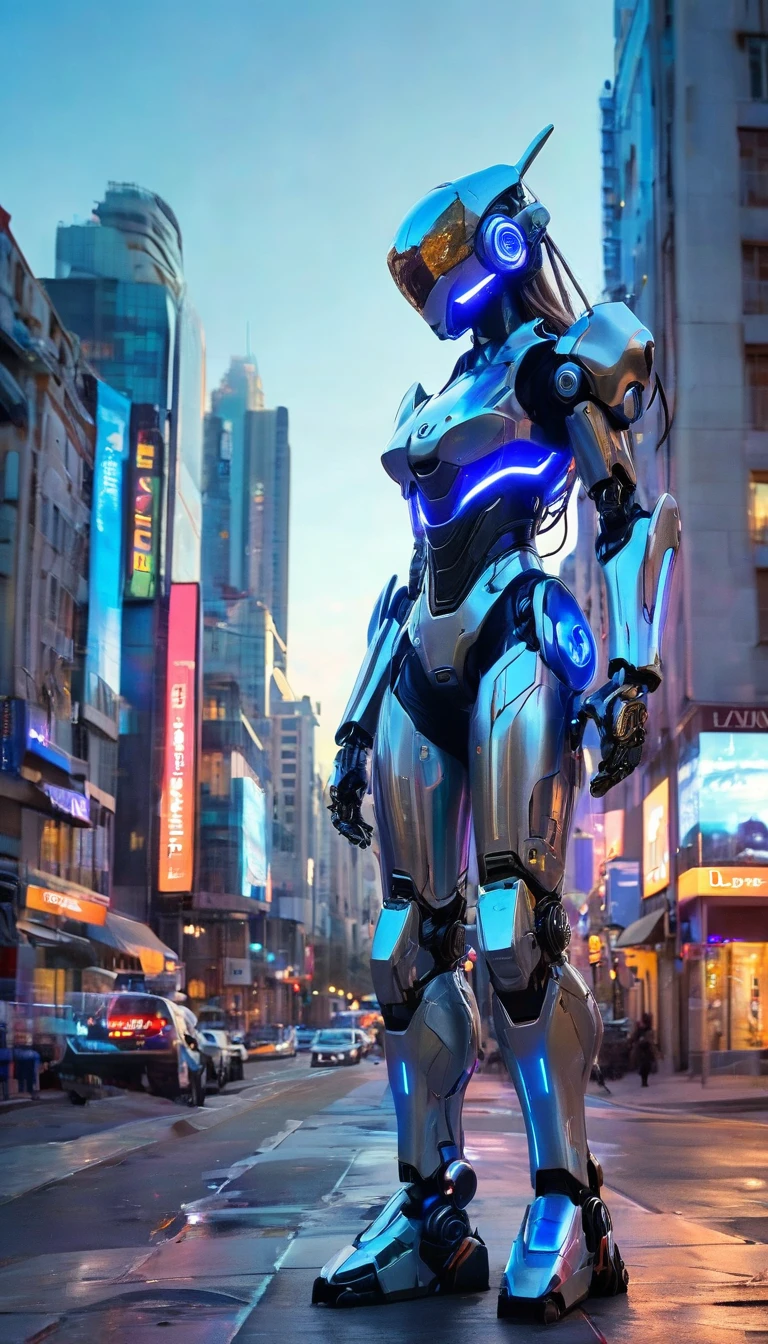 A robot with a silver exterior and blue highlights stands in the center of a city street. La conception du robot semble avancée et humanoïde, avec un casque qui illumine ses yeux en bleu, and detailed hands with five fingers. The urban backdrop features a mix of blue and purple neon lights, with two cars parked along the sides of the street. Le décor dégage une ambiance futuriste et technologique, et il y a des preuves que cela se produit plus tard dans la journée, although the exact time is not confirmed. Buildings are visible in the background, contribuer au contexte urbain.