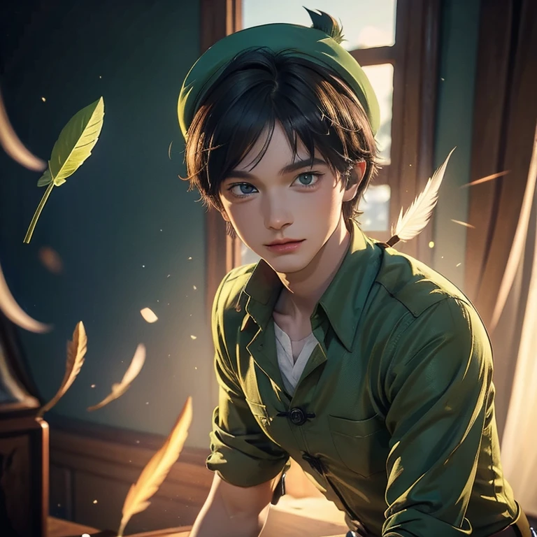 creates Peter Pan, the Disney character, with his characteristic green shirt suit yellow in tone and pointed hat with a feather on the tip, in realistic 3D illustration