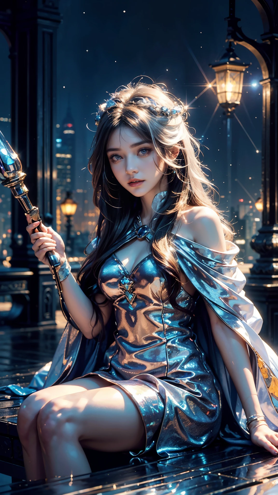 4k, UHD, masterpiece, 1 girl, good face, ((detailed eyes)), very long hair, impressive hairstyle, perfect brasts, fantasy cosplay, ((white cosplay)), strap cosplay, cape, night city, building, lamps, depth of field, reflection light, ((sparkle)), chromatic aberration, sitting,