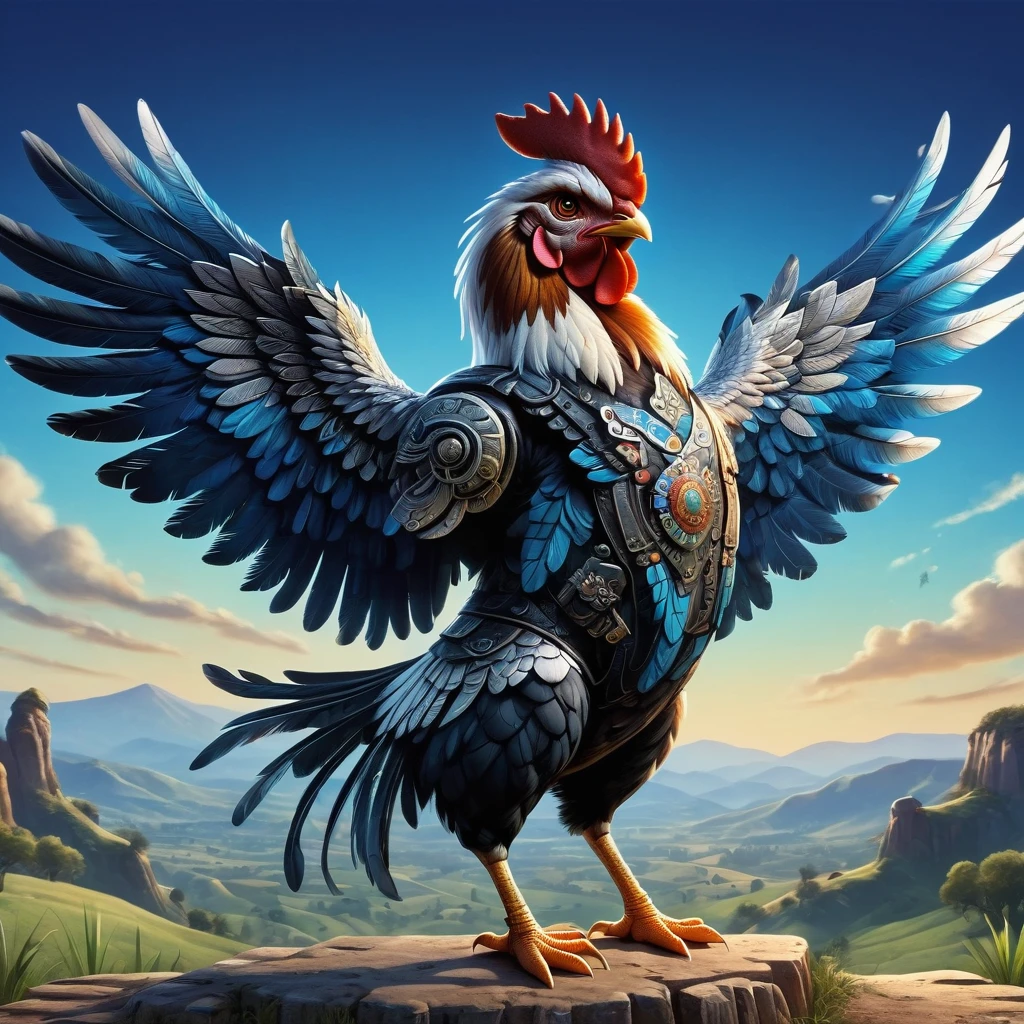 (personification:1.5)，(Vision:1.5)，(whole body:1.5)，(Animated image of a rooster holding two pistols)，The rooster shows a fearless expression，Hold the gun tightly，Its feathers are vibrant multi-colored hues，The pistol is black and silver，The background is a simple and rustic rural environment，Rolling hills and clear blue skies