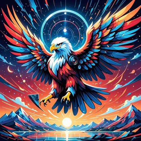 Imagine a majestic eagle in flight, wings spread wide with the rich hues of red and blue adorning its feathers. This symbolizes ...