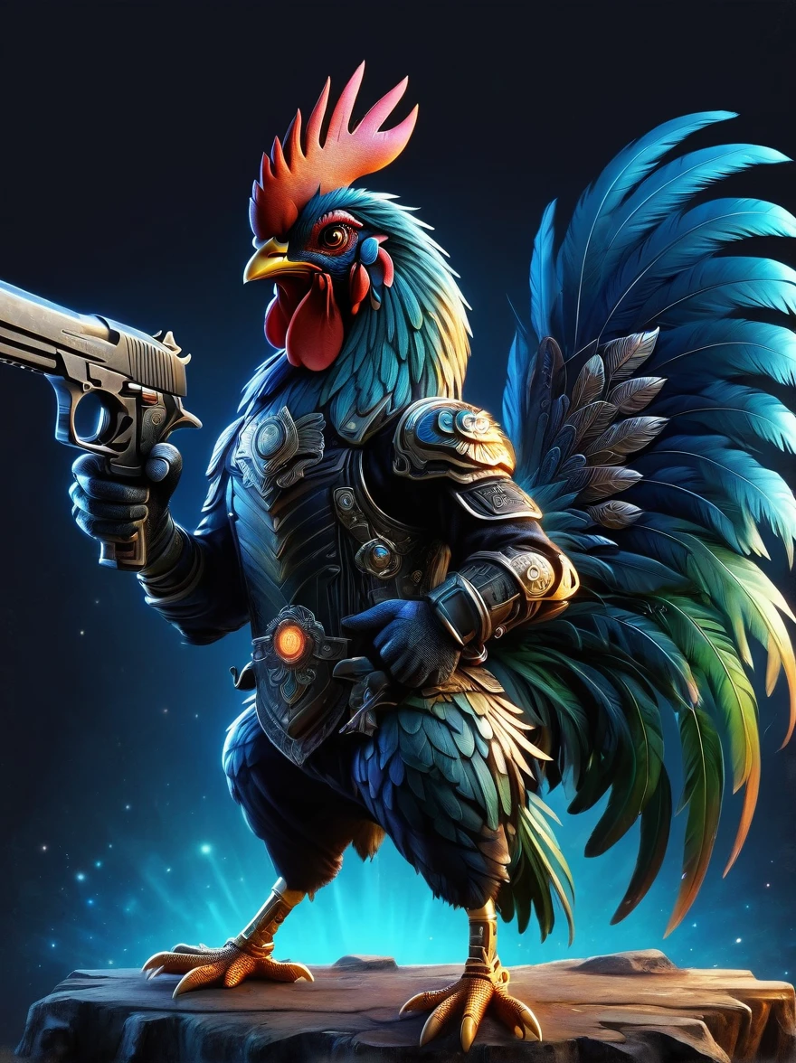 (personification:1.5)，(Vision:1.5)，(whole body:1.5)，(Animated image of a rooster holding two pistols)，The rooster shows a fearless expression，Hold the gun tightly，Its feathers are vibrant multi-colored hues，The pistol is black and silver，The background is a simple and rustic rural environment，Rolling hills and clear blue skies