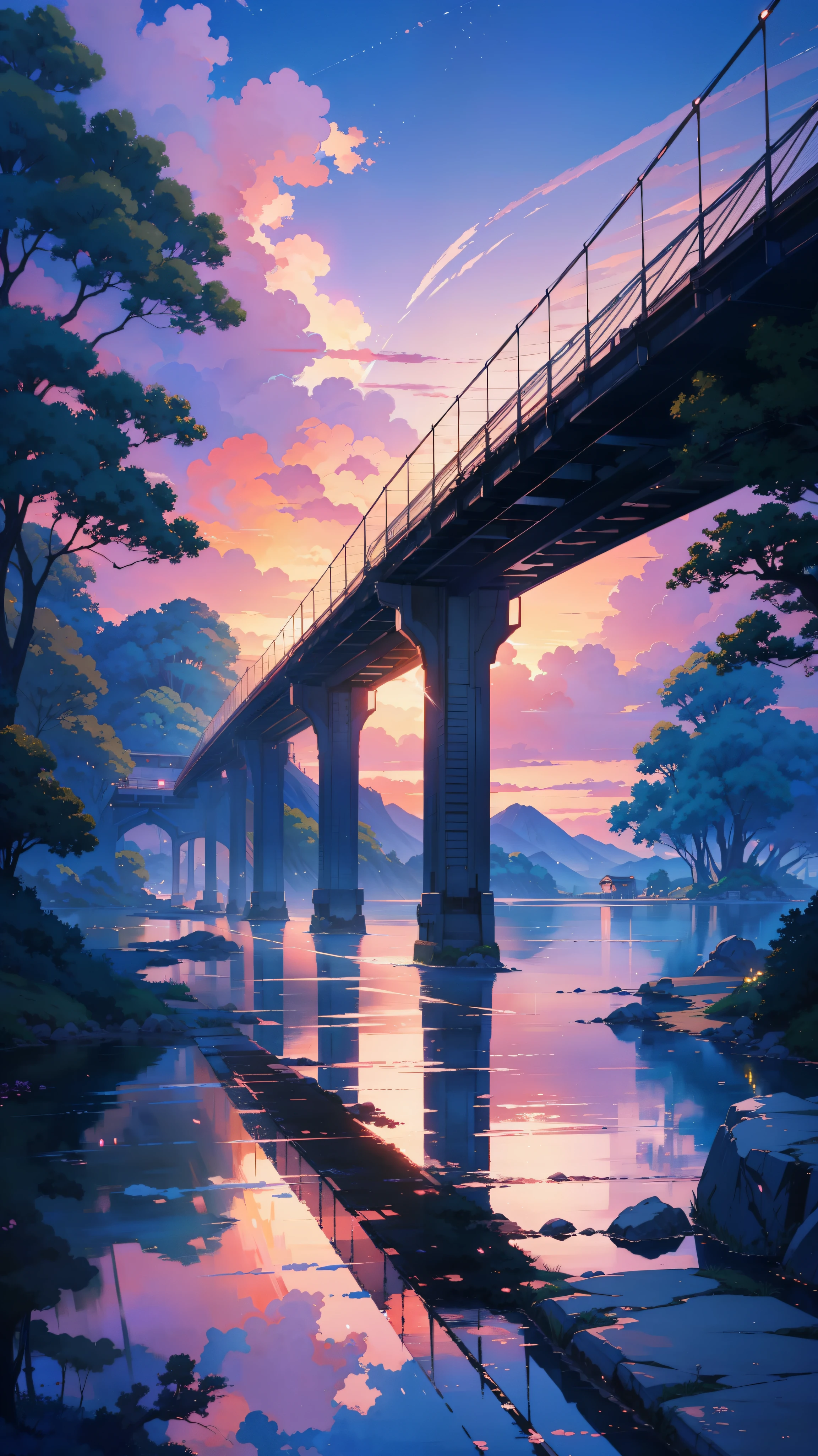 a painting of a bridge over a body of water, extraordinary sky, ross tran. scenic background, by sylvain sarrailh, anime nature wallpap, anime scenery, anime landscape, anime landscape wallpaper, anime beautiful peace scene, anime nature, scenery art detailed, anime scenery concept art, scenery artwork, dream scenery art, beautiful anime scenery, ross tran and makoto shinkai