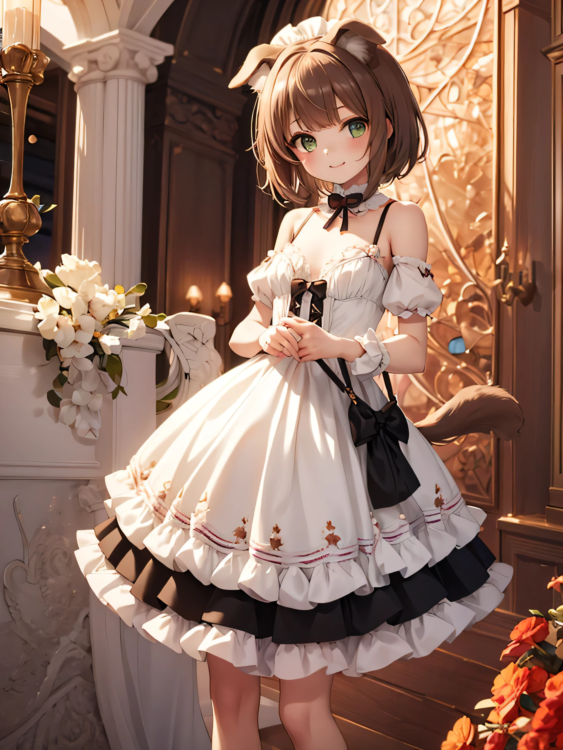 {{{Illustration of one girl}}}, 10-year-old girl, one person, Green Eyes, Brown Hair, Dog ears, Dog tail, Short Bob Hair, Small breasts,red and white gothic lolita, mini skirt, Short stature, A cheerful smile, 32K image quality, Ancient battlefield, Clothes with very detailed embroidery,{{{Both hands are lifting up the chest}}},