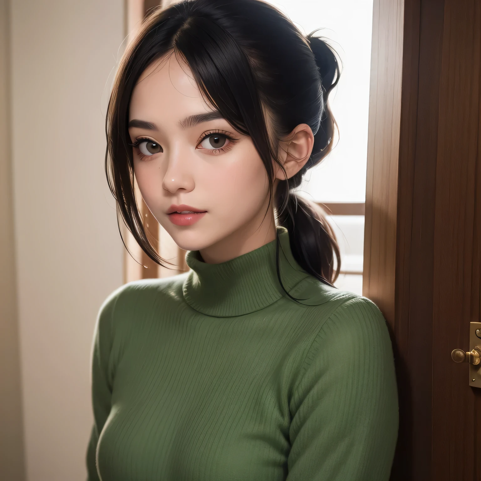 (best quality, highres:1.2), ultra-detailed, realistic:1.37, portraits, seductive gaze,detailed beautiful eyes,detailed long eyelashes,detailed lips,parted lips,intense blush,soft smile,soft smile and gaze,sexy woman, ponytail hairstyle, black hair,luscious black hair,cute ponytail,green sweater,cream cargo pants, medium chest, perfect body