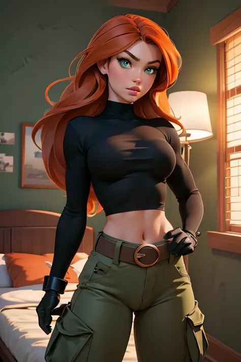 Masterpiece, raw, beautiful art, professional artist, 8k, very detailed face, very detailed hair, 1girl, Kim Possible, wearing (...