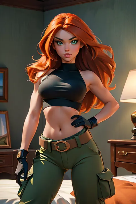 Masterpiece, raw, beautiful art, professional artist, 8k, very detailed face, very detailed hair, 1girl, Kim Possible, wearing (...