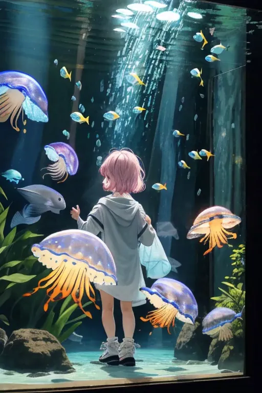 jellyfish、光るjellyfish、aquarium、tropical fish、colorfulな魚、girl、in the water、spreading hair、aquarium、light pink transparent hair co...