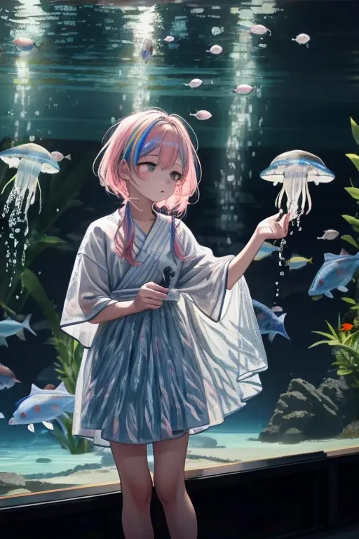 jellyfish、光るjellyfish、aquarium、tropical fish、colorfulな魚、girl、in the water、spreading hair、aquarium、light pink transparent hair co...