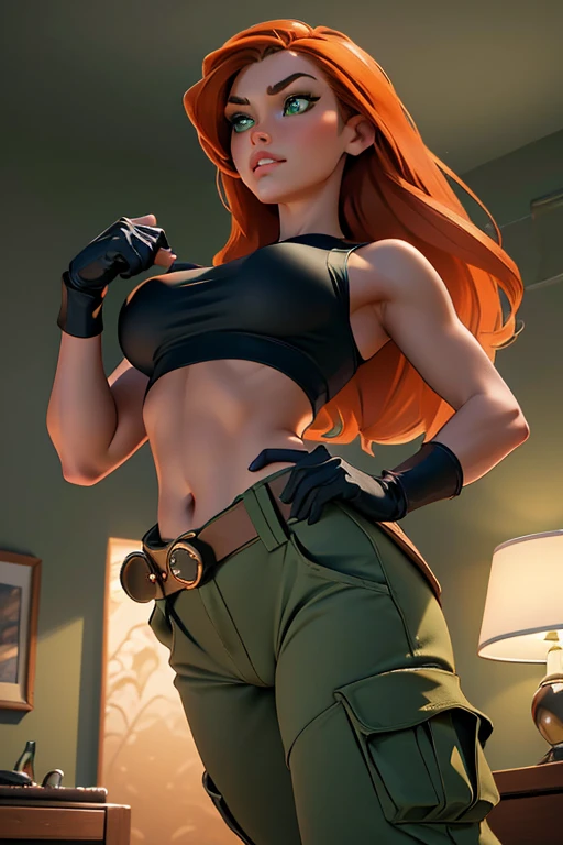 Masterpiece, raw, beautiful art, professional artist, 8k, very detailed face, very detailed hair, 1girl, Kim Possible, wearing (Orange-red hair, green eyes, confident expression, black crop top, black gloves, brown belt, green cargo pants:1.1), cameltoe, standing, leg up, posing in her bedroom, perfectly drawn body, beautiful face, long hair, very detailed eyes, rosey cheeks, intricate details in eyes, puckered lips, perfect fit body, beautiful body, extremely detailed, intricate details, highly detailed, sharp focus, detailed skin, realistic skin texture, texture, detailed eyes, high resolution, kodak vision color, foto_\(ultra\), post-processing, maximum detail, roughness, real life, ultra realistic, photorealism, photography, absurdres, RAW photo, highest quality, high detail RAW color photo, professional photo, extremely detailed UHD 8k wallpaper unit, best quality, highres, (masterpiece, top quality, high resolution:1.4), photo, cinematic, film grain, sharp, soft natural light, magic photography, super detailed