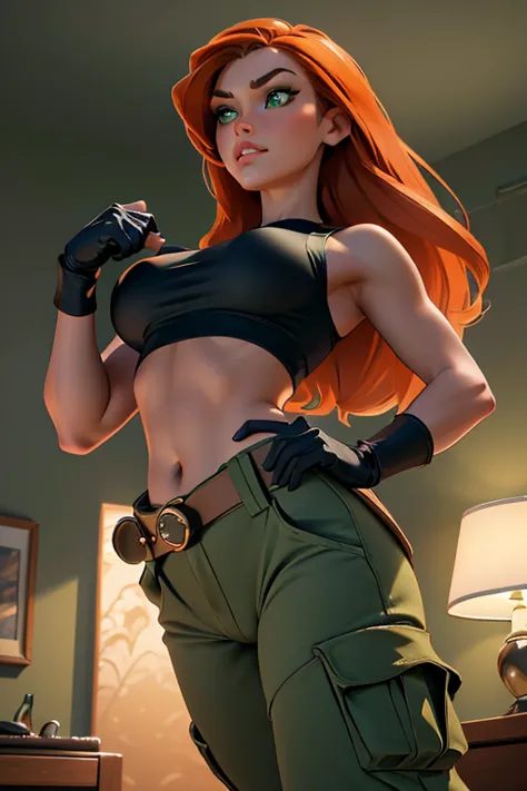 Masterpiece, raw, beautiful art, professional artist, 8k, very detailed face, very detailed hair, 1girl, Kim Possible, wearing (...