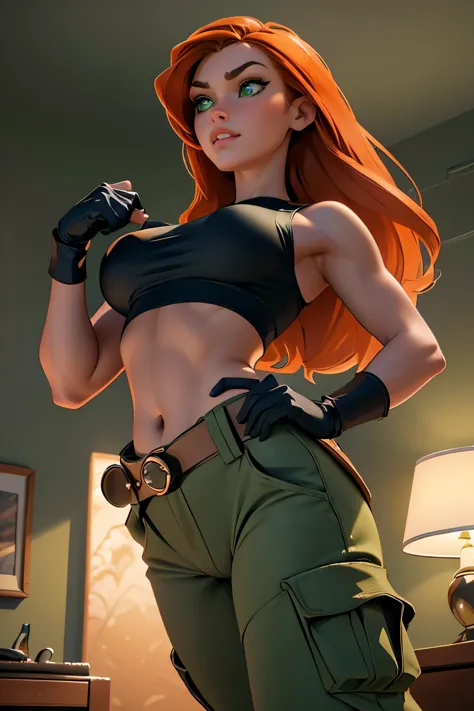 masterpiece, raw, beautiful art, professional artist, 8k, very detailed face, very detailed hair, 1girl, kim possible, wearing (...