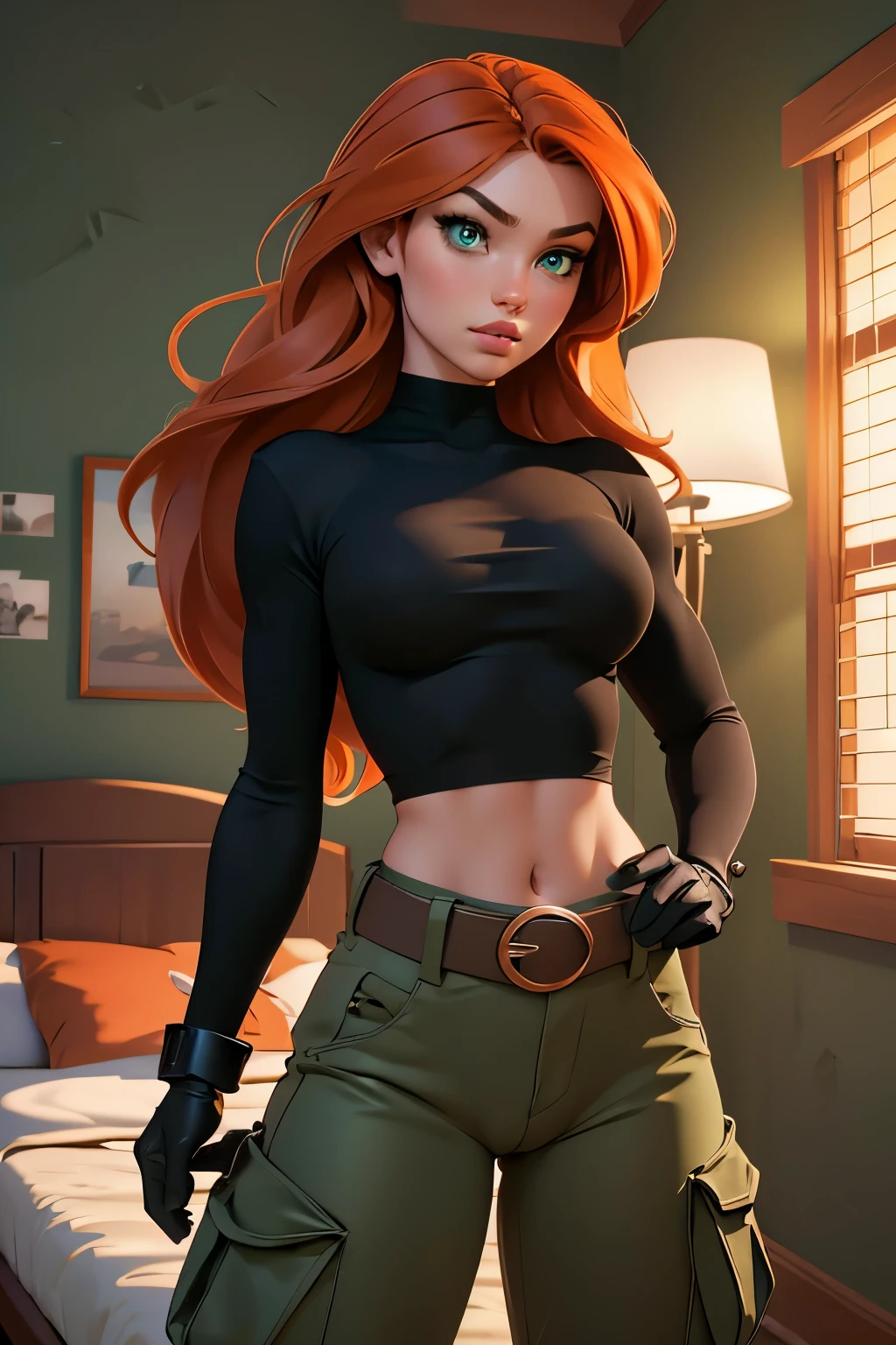 Masterpiece, raw, beautiful art, professional artist, 8k, very detailed face, very detailed hair, 1girl, Kim Possible, wearing (Orange-red hair, green eyes, confident expression, black crop top, black gloves, brown belt, green cargo pants:1.1), cameltoe, posing in her bedroom, perfectly drawn body, beautiful face, long hair, very detailed eyes, rosey cheeks, intricate details in eyes, puckered lips, perfect fit body, beautiful body, extremely detailed, intricate details, highly detailed, sharp focus, detailed skin, realistic skin texture, texture, detailed eyes, high resolution, kodak vision color, foto_\(ultra\), post-processing, maximum detail, roughness, real life, ultra realistic, photorealism, photography, absurdres, RAW photo, highest quality, high detail RAW color photo, professional photo, extremely detailed UHD 8k wallpaper unit, best quality, highres, (masterpiece, top quality, high resolution:1.4), photo, cinematic, film grain, sharp, soft natural light, magic photography, super detailed