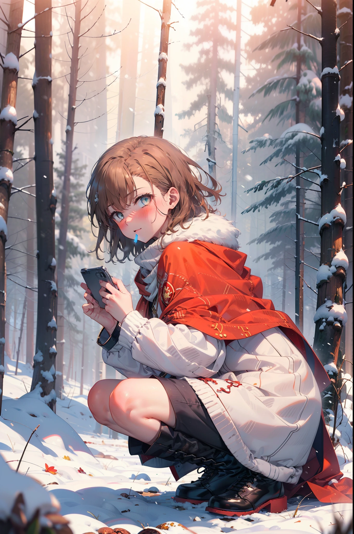 Mycotrose, Brown eyes,Brown Hair,short hair,smile,blush,White Breath,
Open your mouth,snow,Ground bonfire, Outdoor, boots, snowing, From the side, wood, suitcase, Cape, Blurred, Increase your meals, forest, White handbag, nature,  Squat, Mouth closed, フードed Cape, winter, Written boundary depth, Black shoes, red Cape break looking at viewer, Upper Body, whole body, break Outdoor, forest, nature, break (masterpiece:1.2), highest quality, High resolution, unity 8k wallpaper, (shape:0.8), (Beautiful and beautiful eyes:1.6), Highly detailed face, Perfect lighting, Highly detailed CG, (Perfect hands, Perfect Anatomy),