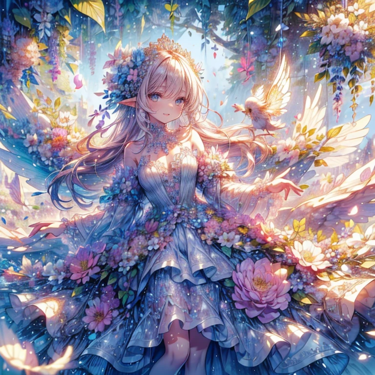 (highest quality, masterpiece, Super detailed, very detailed, exquisite, 16k,Full HD),A little closer,golden ratio,dramatic lighting,pastel colour,seems to be happy,fly in the sky,soft lighting, ((alone:1.5)),(blue sky,morning sky,Sunny),magical forest,flower,wood,Flower Field,Leaves and petals fluttering,From above,((head shot)),Flowers filling the screen,(fairy princess, purple eyes, long eyelashes,white skin,slim,pale pink plump lips,pale pink cheeks, The wind is blowing,blonde,thin and long,(thin and high nose,small nose),(From above her waist, a giant fairy wing),The magic of flower,flower tiara,diamond earrings,Diamond Choker,(White ball gown dress with flower petal motif, A dress decorated with flowers,lace and ruffles),(smile:1.2), (fantasy, romantic atmosphere), 