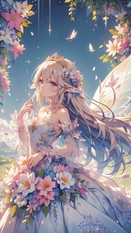 (highest quality, masterpiece, Super detailed, very detailed, exquisite, 16k,Full HD),A little closer,golden ratio,dramatic lighting,pastel colour,seems to be happy,fly in the sky,soft lighting, ((alone:1.5)),(blue sky,morning sky,Sunny),magical forest,flower,wood,Flower Field,Leaves and petals fluttering,From above,((head shot)),Flowers filling the screen,(fairy princess, purple eyes, long eyelashes,white skin,slim,pale pink plump lips,pale pink cheeks, The wind is blowing,blonde,thin and long,(thin and high nose,small nose),(From above her waist, a giant fairy wing),The magic of flower,flower tiara,diamond earrings,Diamond Choker,(White ball gown dress with flower petal motif, A dress decorated with flowers,lace and ruffles),(smile:1.2), (fantasy, romantic atmosphere), 