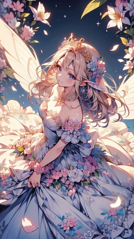 (highest quality, masterpiece, Super detailed, very detailed, exquisite, 16k,Full HD),A little closer,golden ratio,dramatic lighting,pastel colour,seems to be happy,fly in the sky,soft lighting, ((alone:1.5)),(blue sky,morning sky,Sunny),magical forest,flower,wood,Flower Field,Leaves and petals fluttering,From above,((head shot)),Flowers filling the screen,(fairy princess, purple eyes, long eyelashes,white skin,slim,pale pink plump lips,pale pink cheeks, The wind is blowing,blonde,thin and long,(thin and high nose,small nose),(From above her waist, a giant fairy wing),The magic of flower,flower tiara,diamond earrings,Diamond Choker,(White ball gown dress with flower petal motif, A dress decorated with flowers,lace and ruffles),(smile:1.2), (fantasy, romantic atmosphere), 