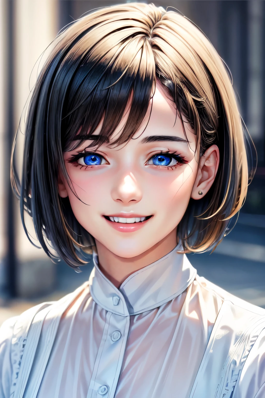 (Browsing Caution:-1), (masterpiece:1.3), (8k, Realistic, RAW Photos, highest quality: 1.4), (One girl), Beautiful Face, (Realistic Face), Beautiful hairstyle, (short hair :1.5), Realistic eyes, Beautiful fine details, (Realistic Skin), Beautiful Skin, (blouse), Absurd, Charm, Ultra-high resolution, Ultra-realistic, Very detailed, Golden Ratio, Laughing expression,Smile cheerfully,