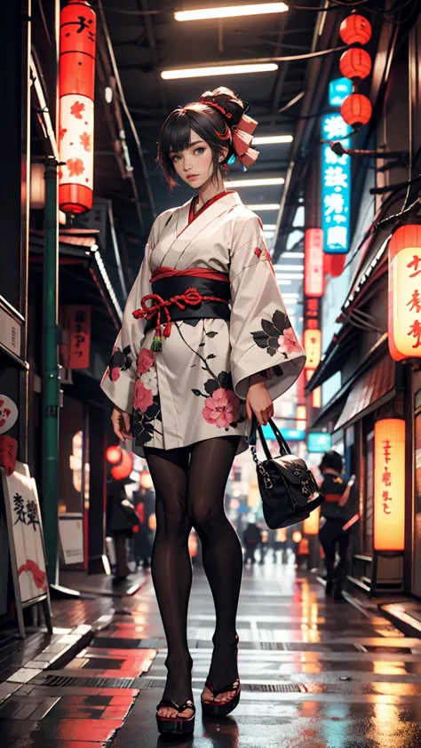 japanese traditional clothing, katsushika hokusai style, (cyber punk) (neon)、mature woman