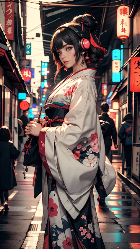 japanese traditional clothing, katsushika hokusai style, (cyber punk) (neon)、mature woman