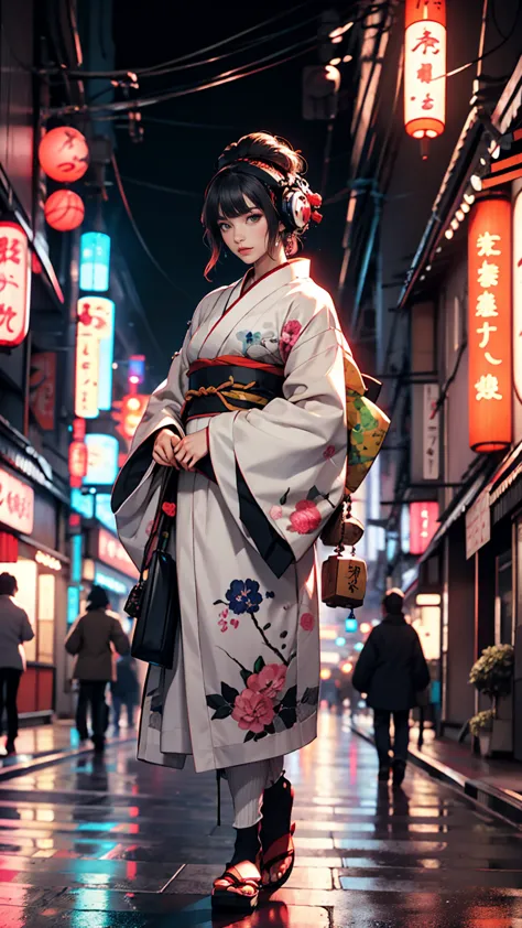 japanese traditional clothing, katsushika hokusai style, (cyber punk) (neon)、mature woman