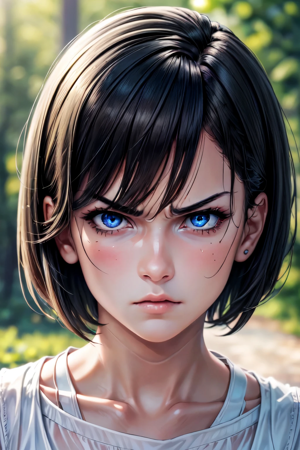 (Browsing Caution:-1), (masterpiece:1.3), (8k, Realistic, RAW Photos, highest quality: 1.4), (One girl), Beautiful Face, (Realistic Face), Beautiful hairstyle, (short hair :1.5), Realistic eyes, Beautiful fine details, (Realistic Skin), Beautiful Skin, (blouse), Absurd, Charm, Ultra-high resolution, Ultra-realistic, Very detailed, Golden Ratio, Angry expression,Face becomes red,