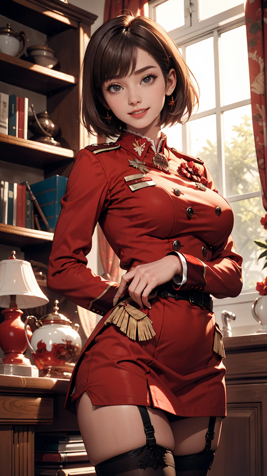 Chisato, One girl, bangs, indoor, short hair, smile, alone, Are standing, Sexy pose, Big Breasts, Red Uniform, Garter Straps, stockings, Hands Behind Back, Red side ribbon, Licorice Reaction Uniform,